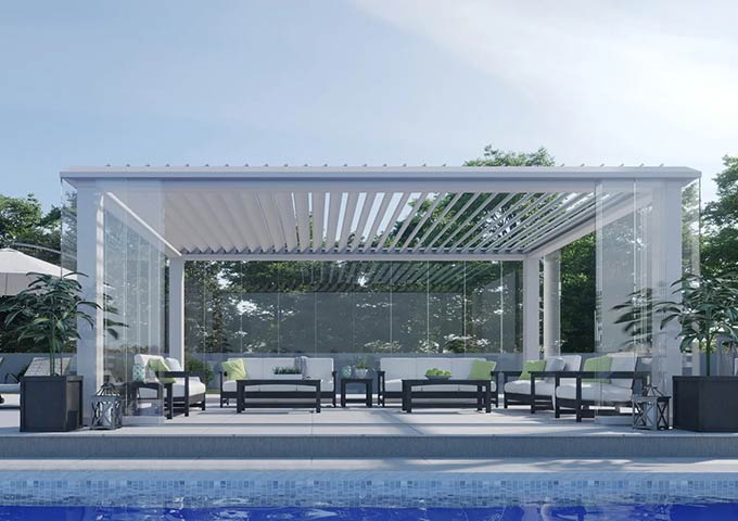 Bioclimatic pergolas with adjustable louvers
